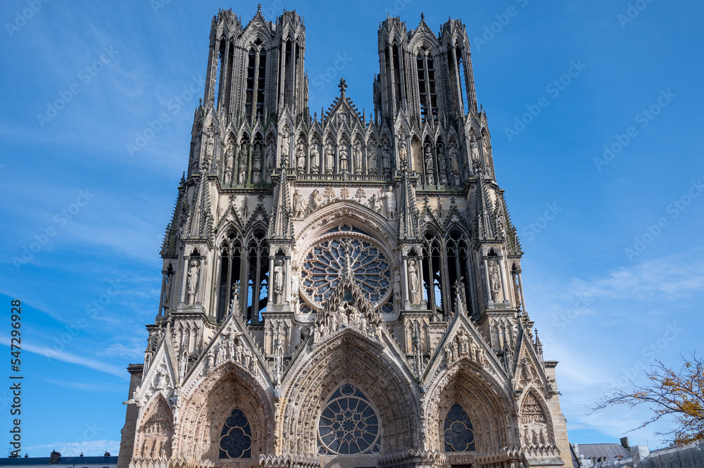 Fototapeta premium View in details on gothic Roman Catholic cathedral church Notre-Dame in central part of old French city Reims, France