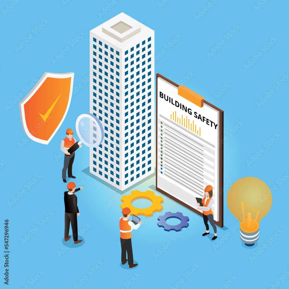 Building safety inspection list with engineers and apartment building