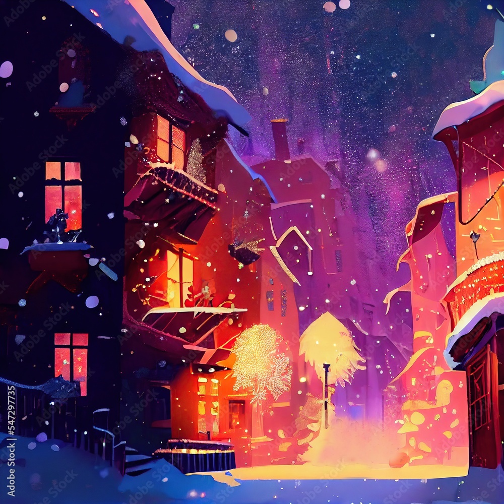 Christmas Street Building Scenery. Christmas Tree Gift. Merry Christmas Happy New Year Card. Concept Art Scenery. Book Illustration Video Game Scene. Serious Digital Painting. CG Artwork Background
