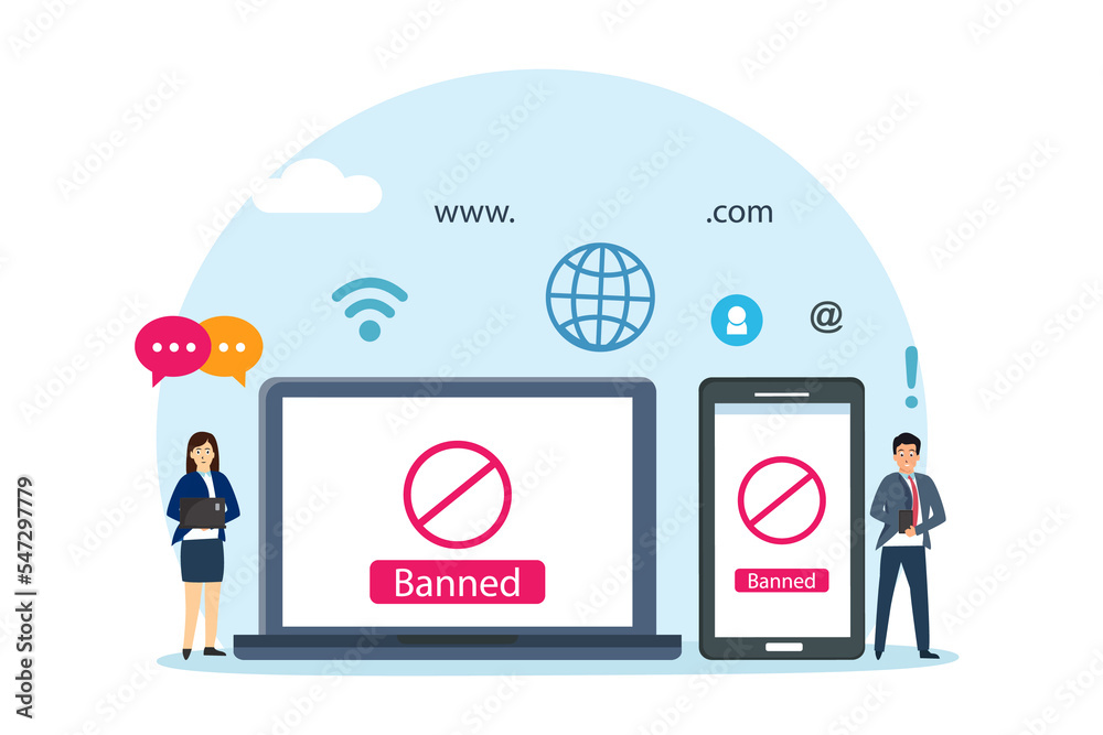 Banned sign on a laptop computer screen and mobile phone Banned sign on a laptop computer screen and mobile phone