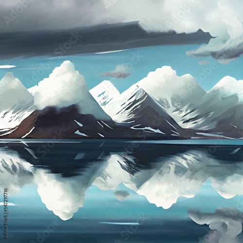 Foto A ROW OF SNOW COVERED MOUNTAINS WITH A REFLECTION IN THE ARCTIC OCEAN AND NUMERO