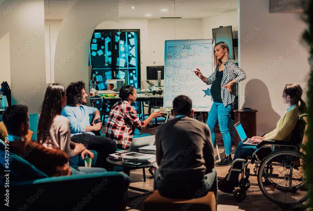A pregnant businesswoman leads a creative meeting of a diverse business team in a modern coworking A pregnant businesswoman leads a creative meeting of a diverse business team in a modern coworking