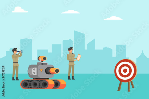 Military robotics vector concept. Two soldiers testing a fighting robot while developing weapon to the war