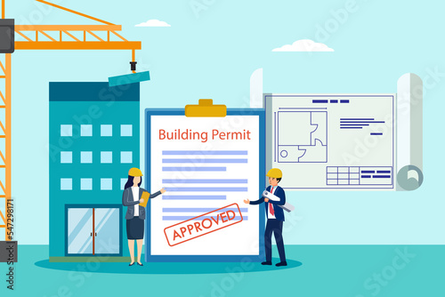 Building permit vector concept. Two architects looking at blue prints while standing with Two architects stand with approved building permit on clipboard