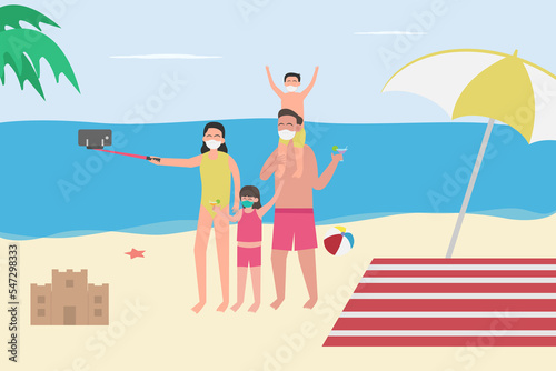 Happy family taking selfie picture and having fun on beach