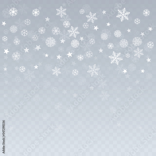 Christmas snow vector background. Falling snowflakes transparent decoration. New Year Holidays greeting card backdrop.