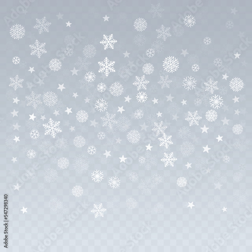 Christmas snow vector background. Falling snowflakes transparent decoration. New Year Holidays greeting card backdrop.