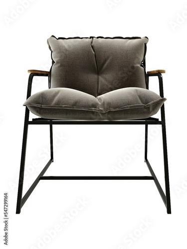 Black iron and gray pillow single chair mockup. Front view. Transparent. Png