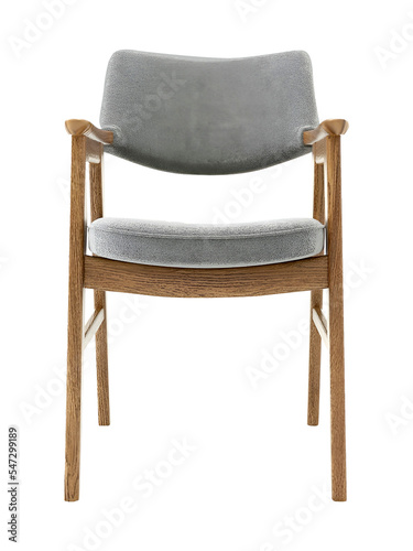 Gray foam and wooden single chair mockup. Front view. Transparent. Png