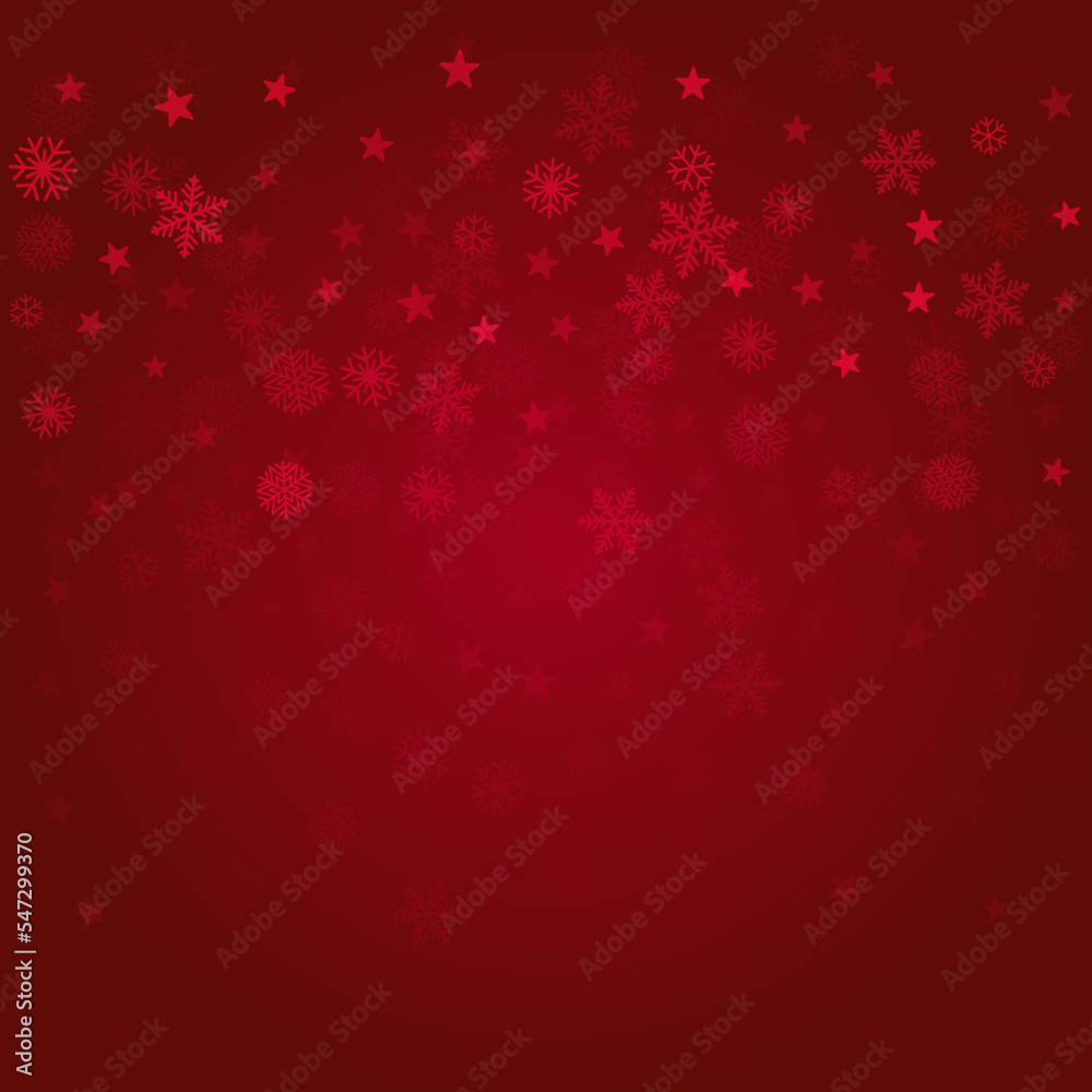 Christmas snow red background. Winter snowflakes subtle frame, greeting card, party event decoration. New Year Holidays gift coupon backdrop. Noel Vector illustration