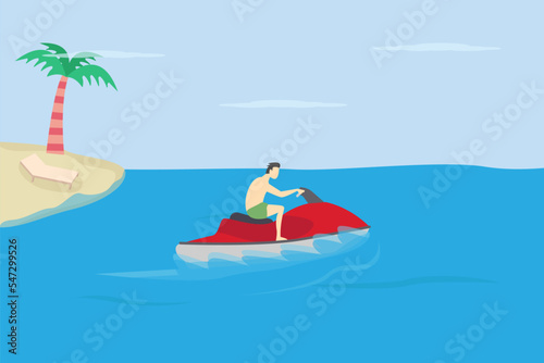 Man riding on the jetski at the beach in summertime, flat design illustration