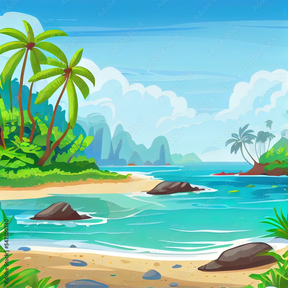 Sea panorama. Bay, tropical beach. 2d illustrated background