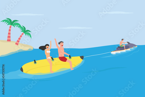 People ride on banana boat, flat design illustration