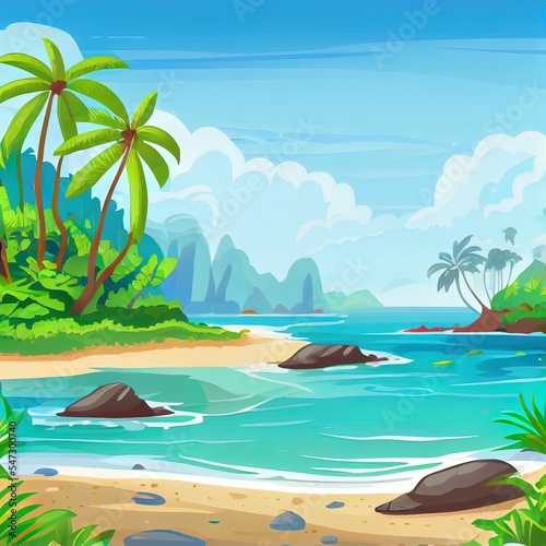 Sea panorama. Bay  tropical beach. 2d illustrated background