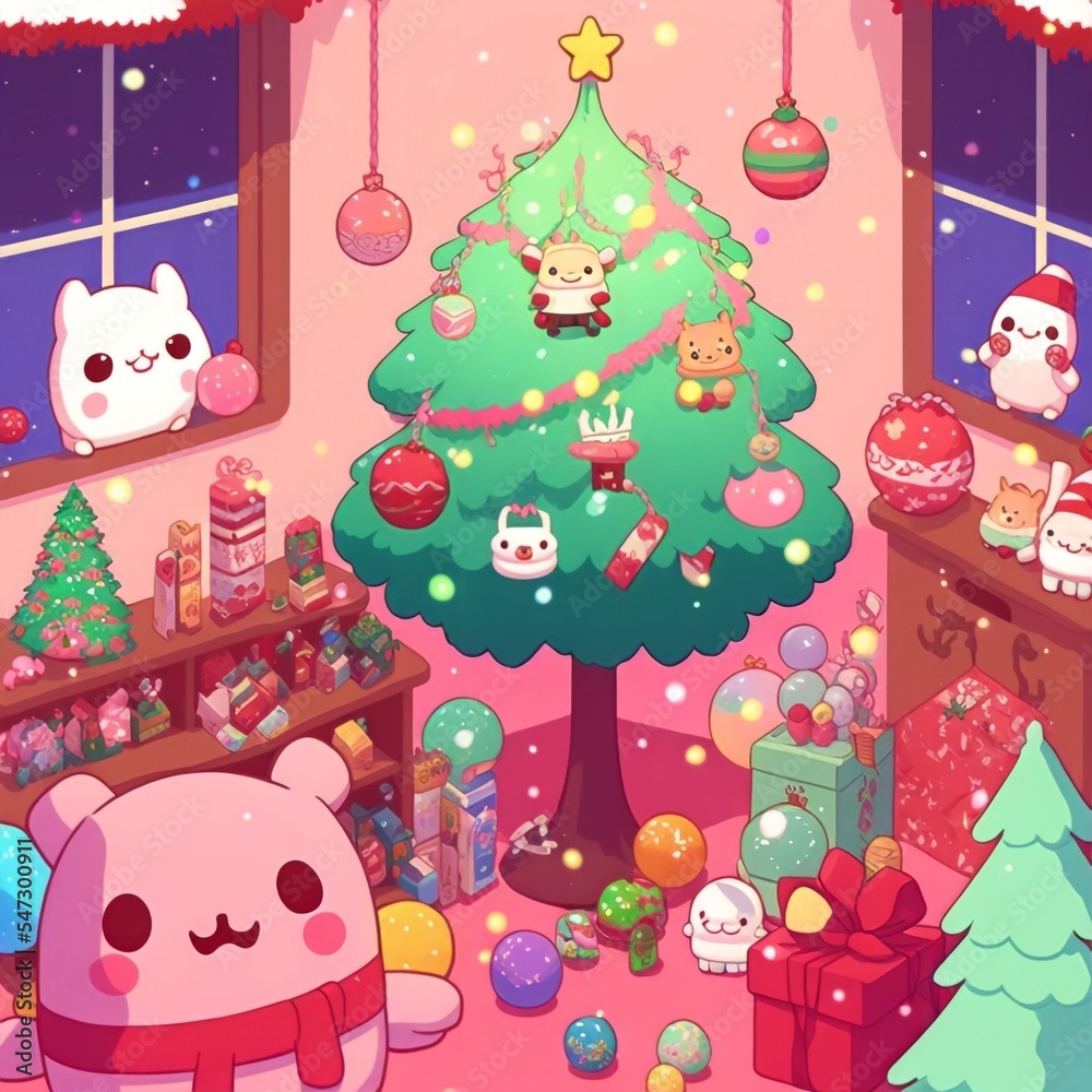 Fototapeta premium Kawaii Christmas tree and flowers 