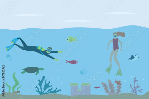 Fototapeta Naklejka Na Ścianę i Meble -  Summer holiday vector concept: Young couple swimming underwater together while enjoying summer holiday