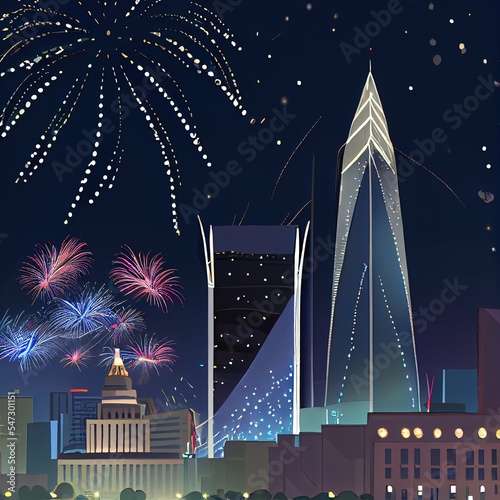 Saudi Arabia in Riyadh City at Riyadh Season 17 Oct 2019 Fireworks in city centr, Al Faisaliah , Kingdom Centre photo