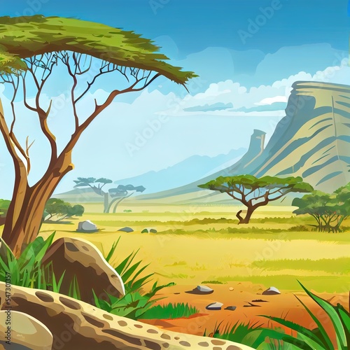 African savannah landscape, wild nature of Africa, cartoon background with green trees, rocks and plain grassland field under blue clear sky. Kenya panoramic view, parallax scene, 2d illustrated