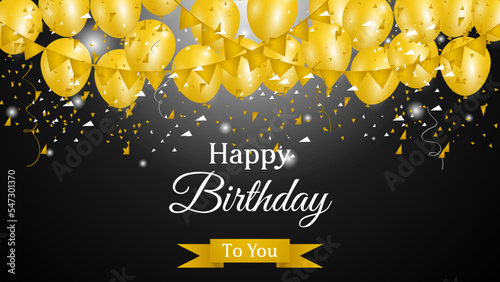 happy birthday background with golden balloons and confetti on black background. suitable for greeting card, banner, etc. vector illustration