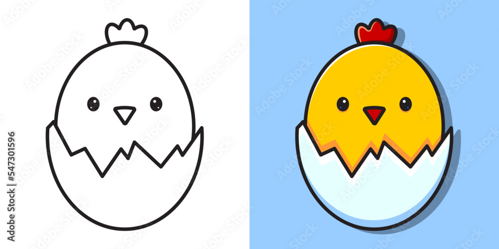 Outline illustration of a cute chick peeking out of the egg. Vector