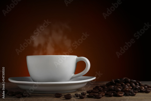 Cup of hot aromatic coffee and roasted beans on wooden table against brown background © New Africa