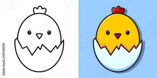 Outline illustration of a cute chick peeking out of the egg. Vector coloring book