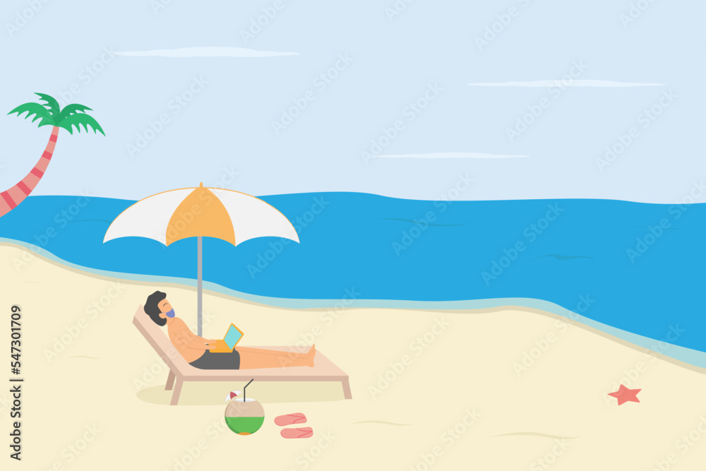 Summer holiday vector concept: Young man using laptop while relaxing in the beach