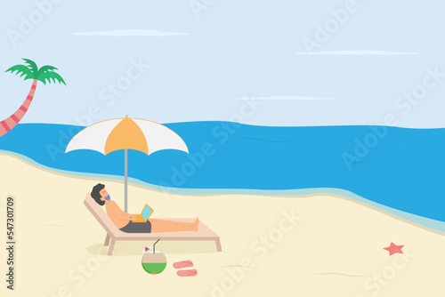 Summer holiday vector concept: Young man using laptop while relaxing in the beach