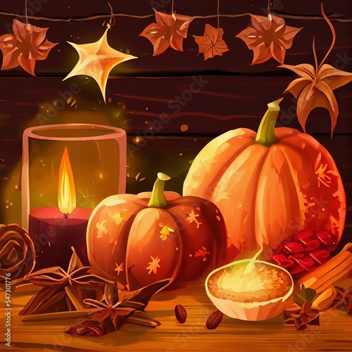 Autumn compositionPumpkin candles,spicy star anise spices and cinnamon on a brown wooden backgroundCozy home decorHalloween conceptHappy ThanksgivingFlat layCopy space , anime style photo