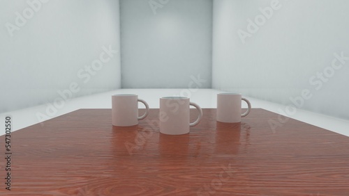 white mug on wood table with white background 3d rendering