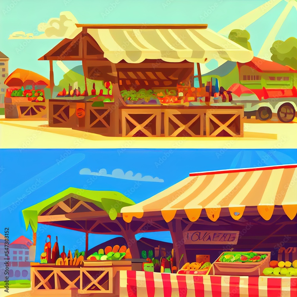 Food market stalls with fruits, vegetables, cheese, meat and fish on