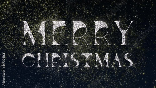 Merry Christmas tittle animation on a blue background with fireworks. Happy New Year 2023 Greetings Card Abstract Blinking Sparkle Glitter Particle. Unique typeface. 