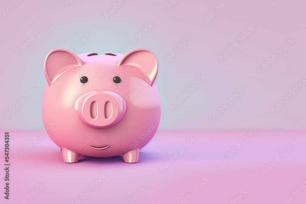 Funny ultra soft piggy bank with money isolated on pink background pastel colors colorful