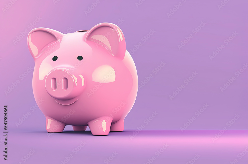Funny ultra soft piggy bank with money isolated on pink background pastel colors colorful