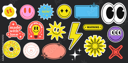 Decals stickers. Set of funny laptop stickers and labels in futuristic style.smiles, lightning, frames for inscriptions and others