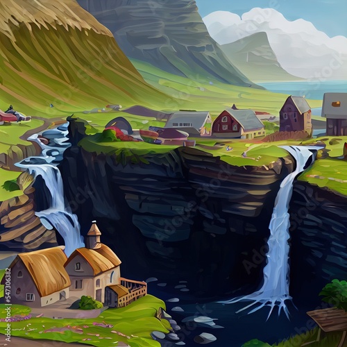 a village and a waterfall in the Faroe Islands in the North Atlantic photo