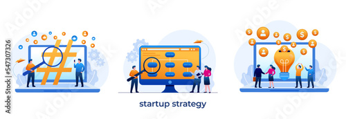 startup strategy, idea, organization, brainstorming, launching program, grow company, flat vector design template.