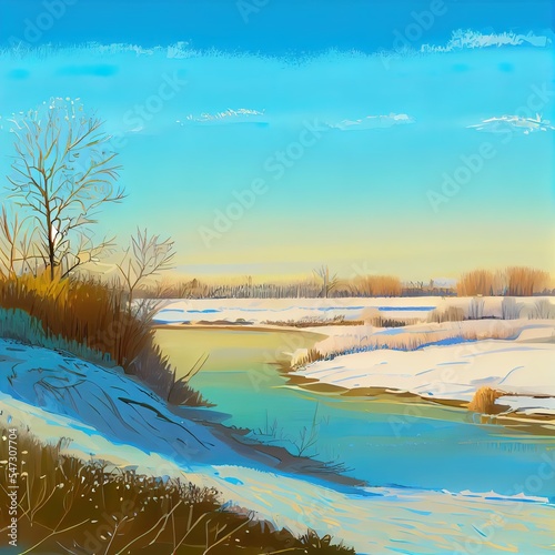 March sunny evening by the river. Blue sky over the horizon. A picturesque landscape  early spring  a river with snow covered banks  dry grass and bushes. The first thaws  the snow is melting