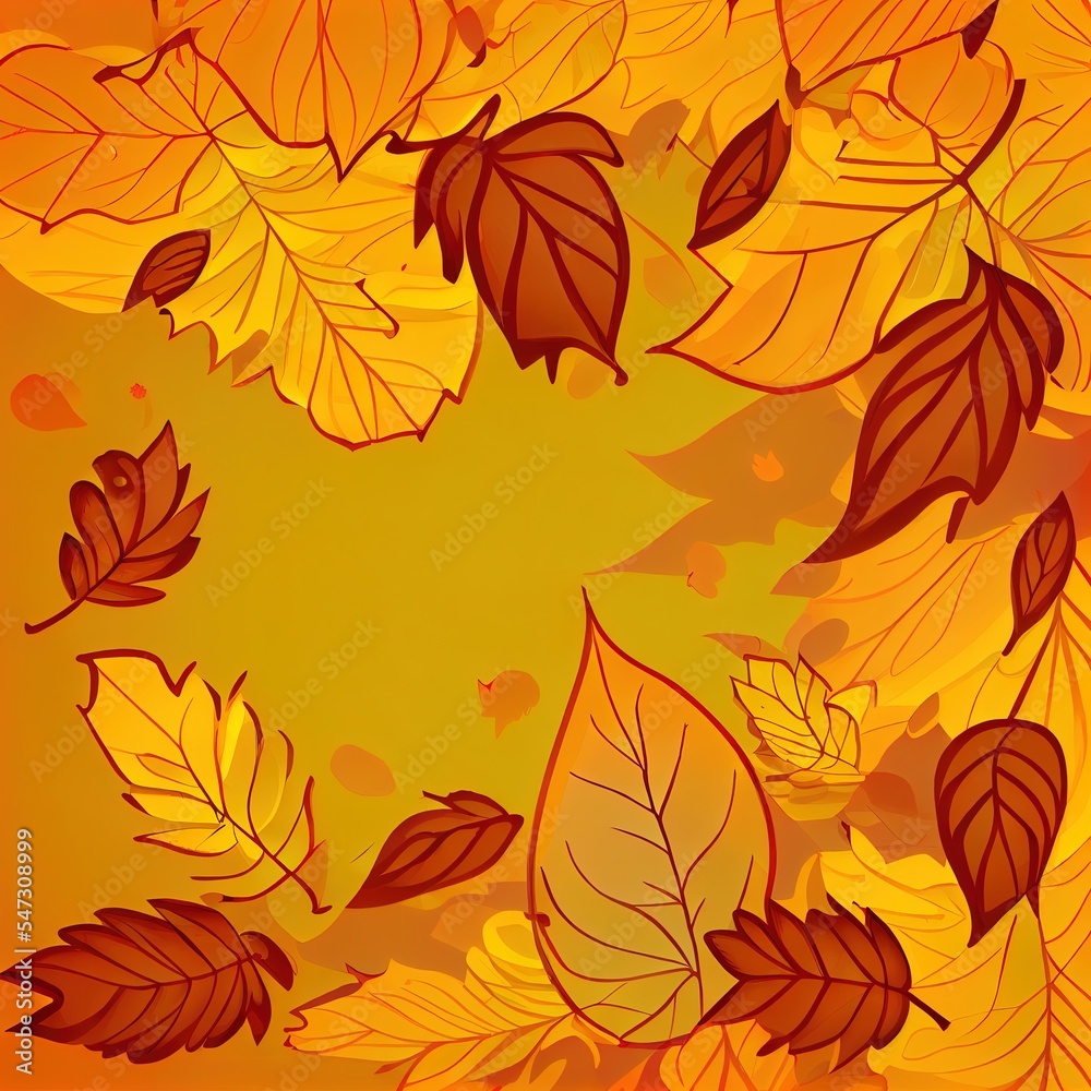Autumn composition Autumn leaves on a yellow background , anime style
