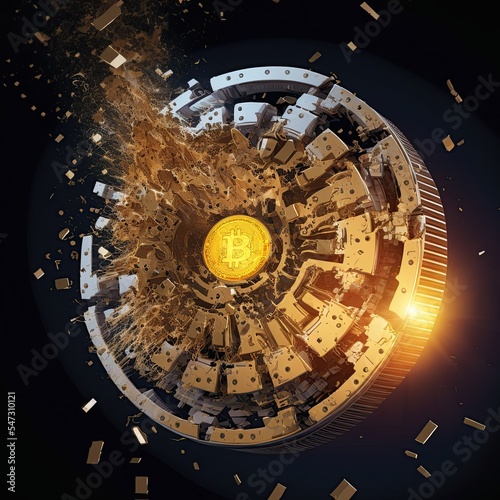 Barish concept on the Bitcoin price and a crypto bubble that has exploded as a clock, scattering broken gears in thousand pieces. Concept of the collapse of cryptocurrency market and new regulating. photo