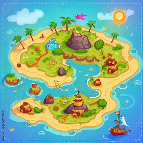 Game Map. Pirate Treasure Maps for children. island. 2d illustrated background for game interface. Uninhabited island