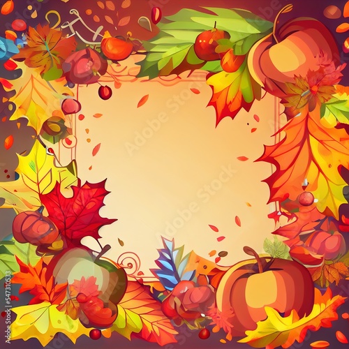 postcard layout autumn composition frame from autumn leaves and fruits and space for text congratulation invitation , anime style