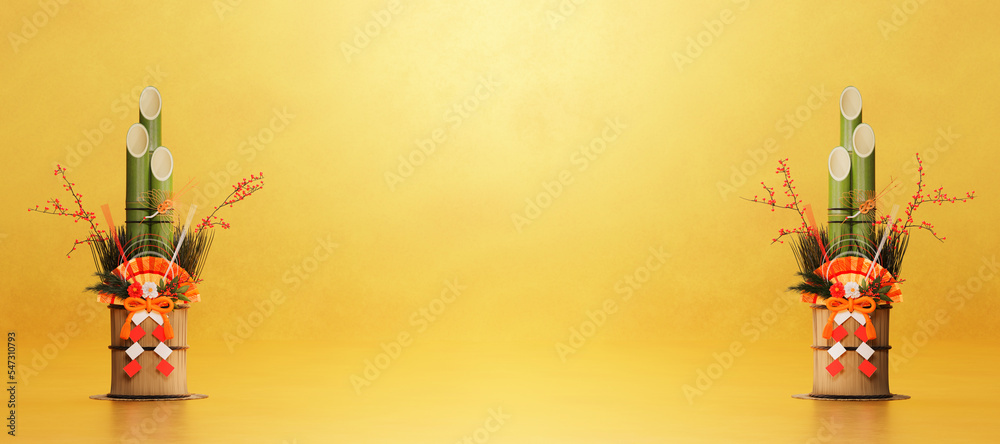 金の背景に置かれたペアの門松 / コピースペースのあるお正月・年賀状・新春の背景イメージ / 3Dレンダリング - obrazy, fototapety, plakaty 