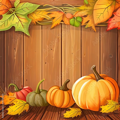 autumn composition on vintage wooden background various pumpkins and autumn leaves Thanksgiving Day halluin banner , anime style photo