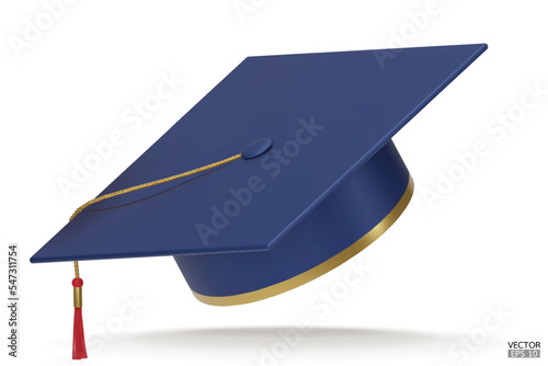 3D realistic Graduation university or college dark blue cap isolated on white background. Graduate college, high school, Academic, or university cap. Hat for degree ceremony. 3D vector illustration.