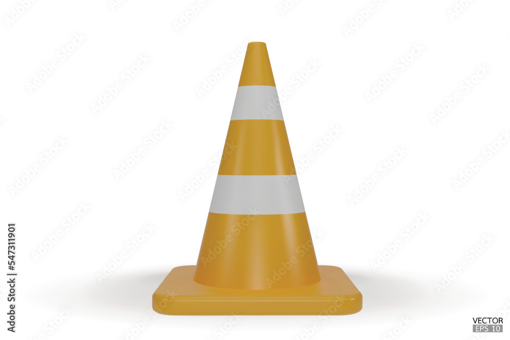 3d traffic cones with white and yellow stripes isolated on white background. Construction cone icon. Single yellow traffic warning cone. Under construction, and maintenance. 3D vector illustration. 3d traffic cones with white and yellow stripes isolated on white background. Construction cone icon. Single yellow traffic warning cone. Under construction, and maintenance. 3D vector illustration.