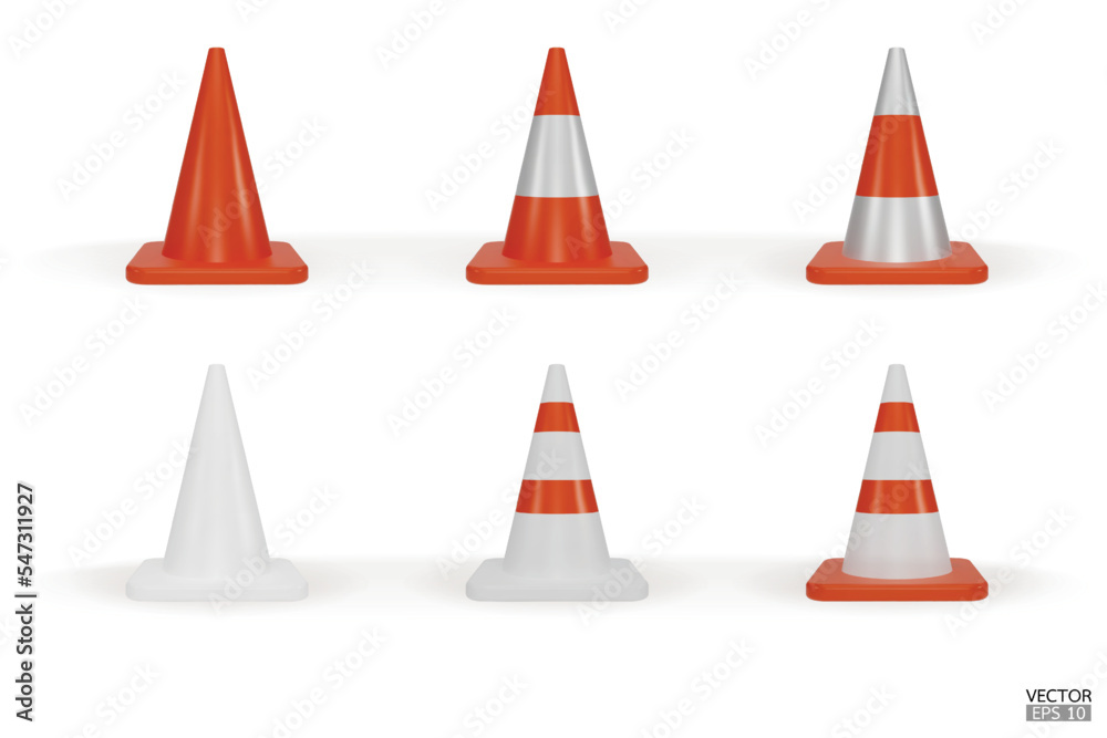 3d traffic cones with white and orange stripes isolated on white background. Construction cone icon. Single orange traffic warning cone. Under construction, and maintenance. 3D vector illustration.