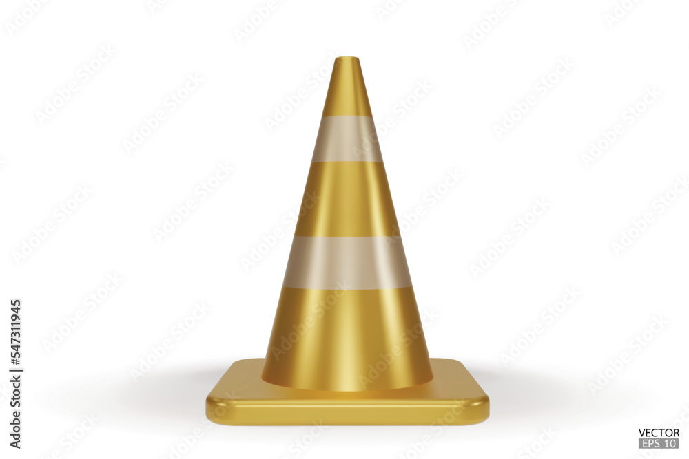 3d traffic cones with white and gold stripes isolated on white background. Construction cone icon. Single golden traffic warning cone. Under construction, and maintenance. 3D vector illustration. 3d traffic cones with white and gold stripes isolated on white background. Construction cone icon. Single golden traffic warning cone. Under construction, and maintenance. 3D vector illustration.
