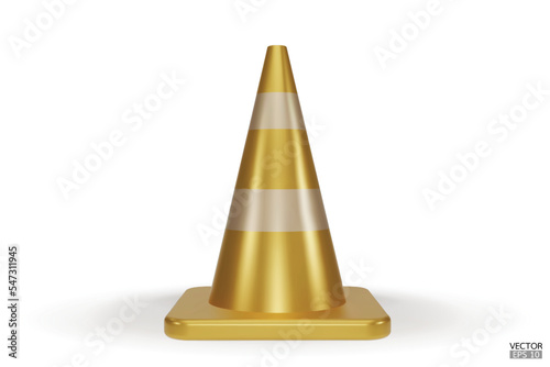 3d traffic cones with white and gold stripes isolated on white background. Construction cone icon. Single golden traffic warning cone. Under construction, and maintenance. 3D vector illustration.