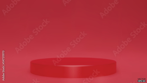 Shiny red round pedestal on studio backdrops. Red Blank display or clean room for showing product. Minimalist mockup for podium display or showcase. 3D vector illustration.